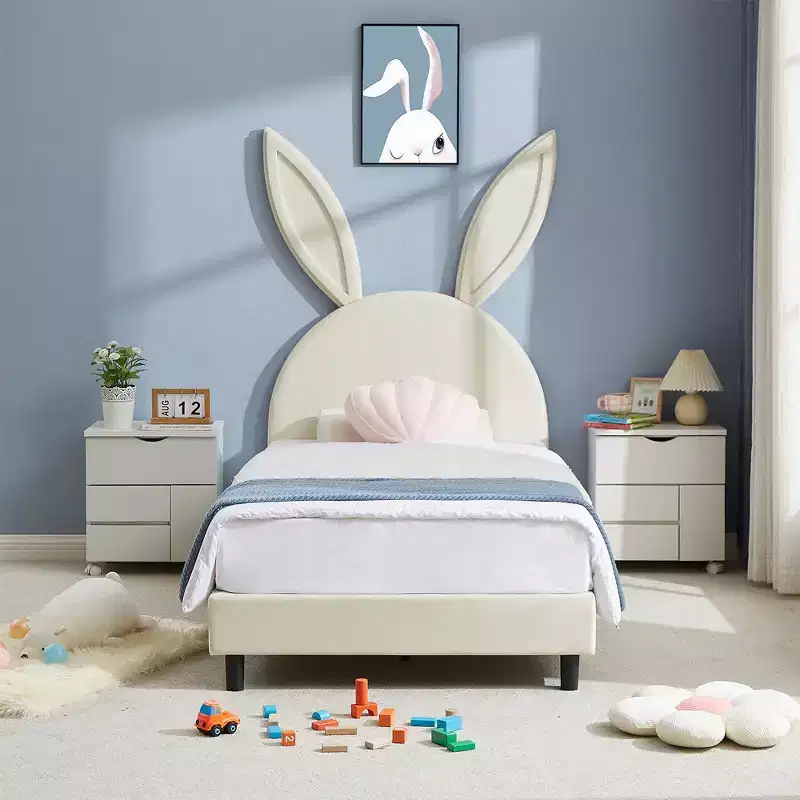 VECELO Kids Twin Size Platform Bed Frame with Upholstered Headboard