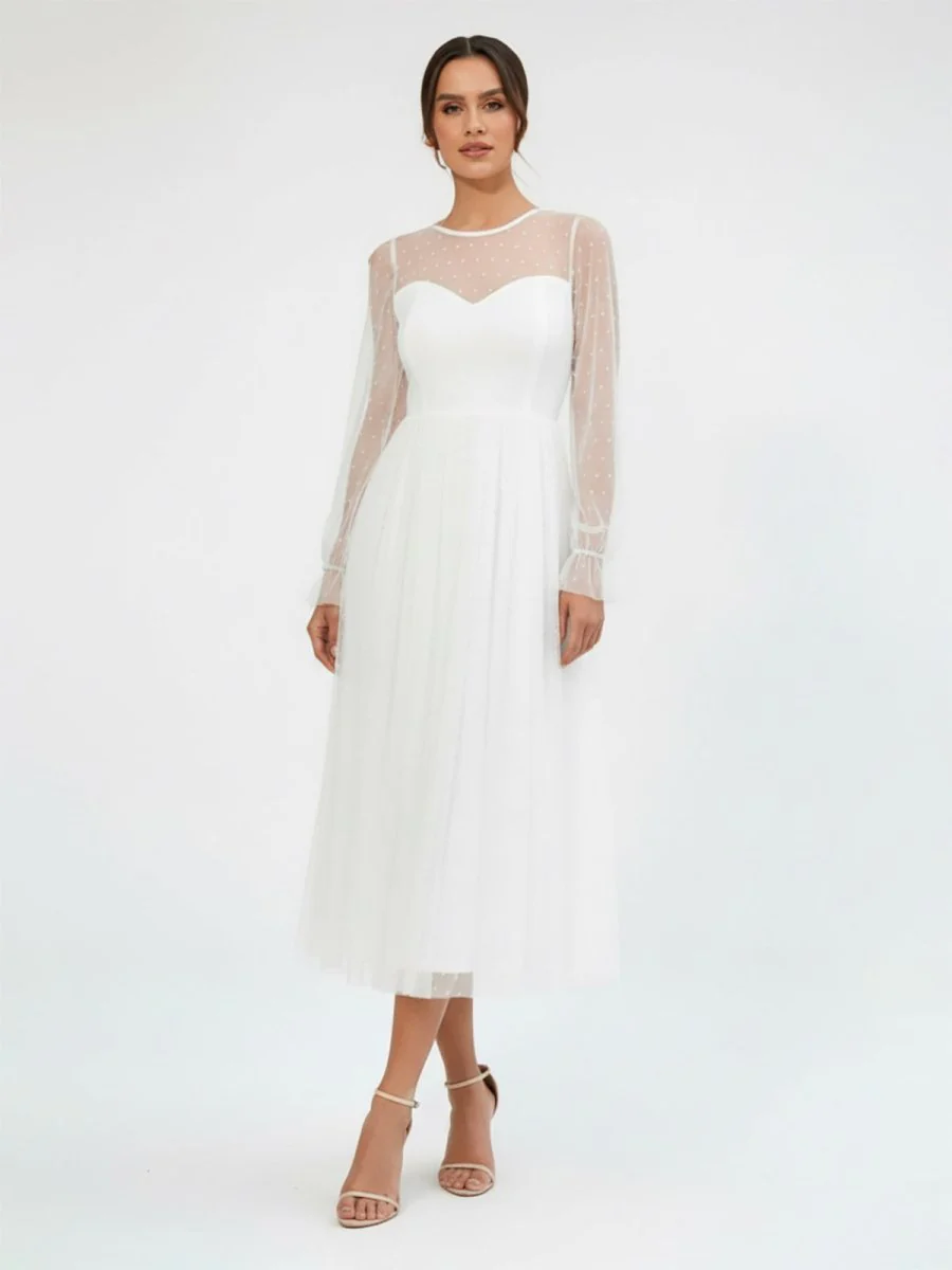 Elegant A-Line Long Sleeve Tea Length Wedding Dresses