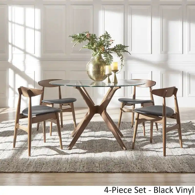 Deep Walnut-Finish Round Dining Table Set — with Curved-Back Dining Chairs