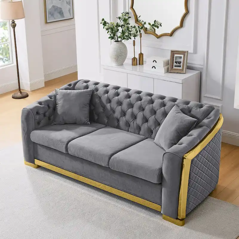 84  Luxury Chesterfield Velvet Sofa with Gold Trim