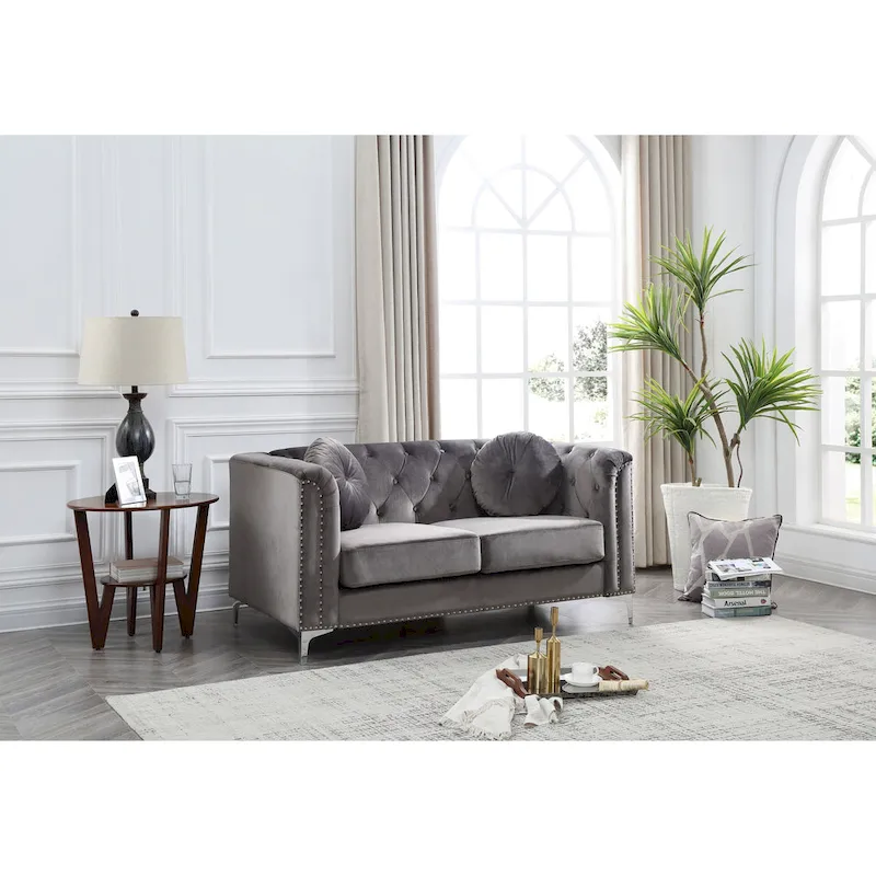 Velvet Button-Tufted 2-Seat Loveseat – Grey / Navy Blue / Burgundy / Black / Pink / Green / Ivory