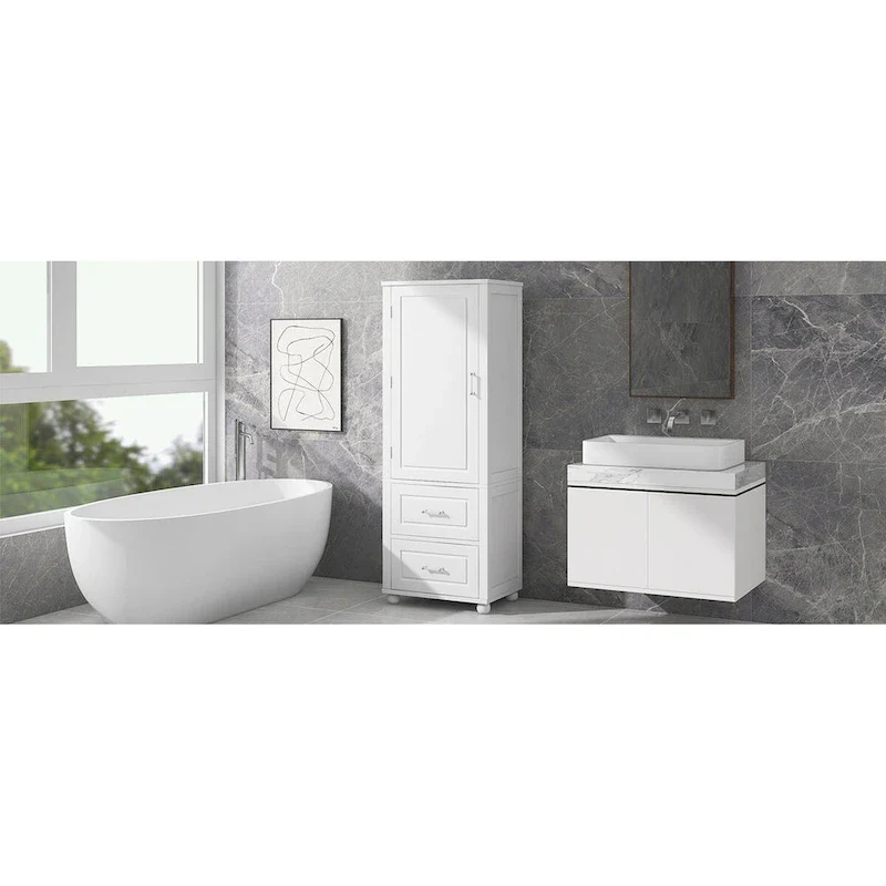 White Tall Bathroom Storage Cabinet, 1-Person Use, 2 Drawers