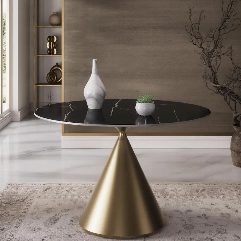 Modern Round Dining Table with Gold Metal Base