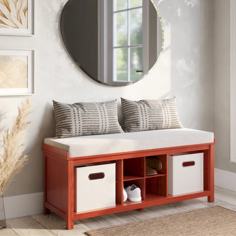 Solid Wood Entryway Bench - Red Mahogany, 3-Cubby, Seats 2