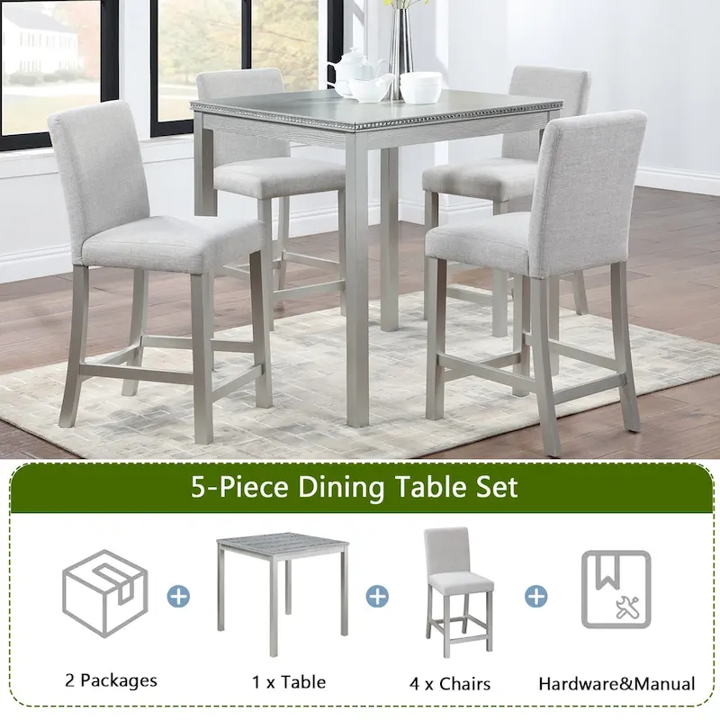 Modern 5-Piece Dining Set with Square Counter Height Table & 4 Upholstered Chairs