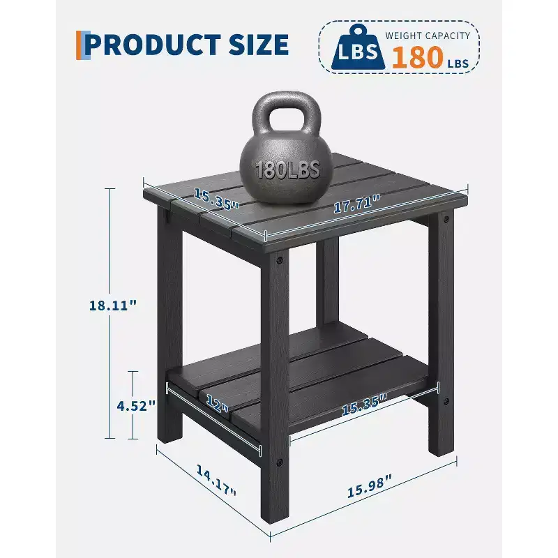 Outdoor Side Table 2-Tier, 18 in HDPE All Weather Resistant Patio Side Tables for Outside, End Table for Patio Pool Deck Indoor Backyard, White-2Pcs