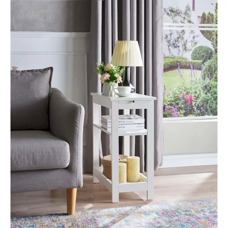Slim Side Table with Storage Shelves and Pull-Out Tray