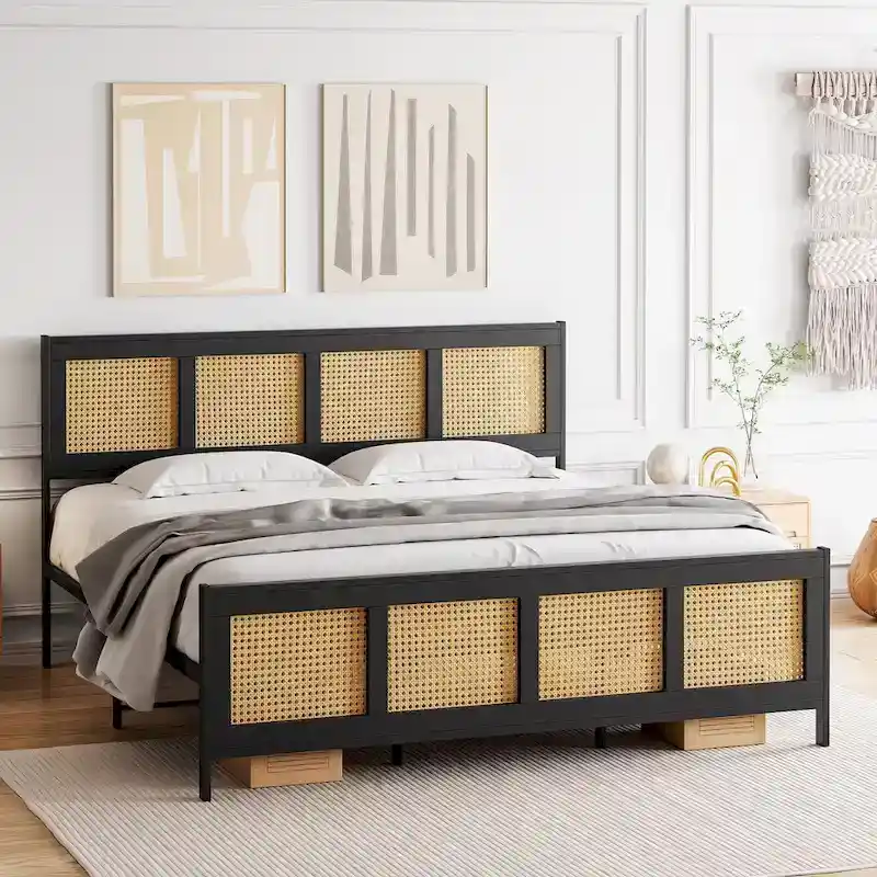 Platform Bed with Rattan Headboard and Footboard - Black Metal Frame