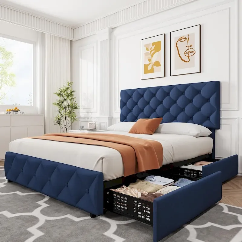 Linen Upholstered Platform Bed Frame with Adjustable Headboard