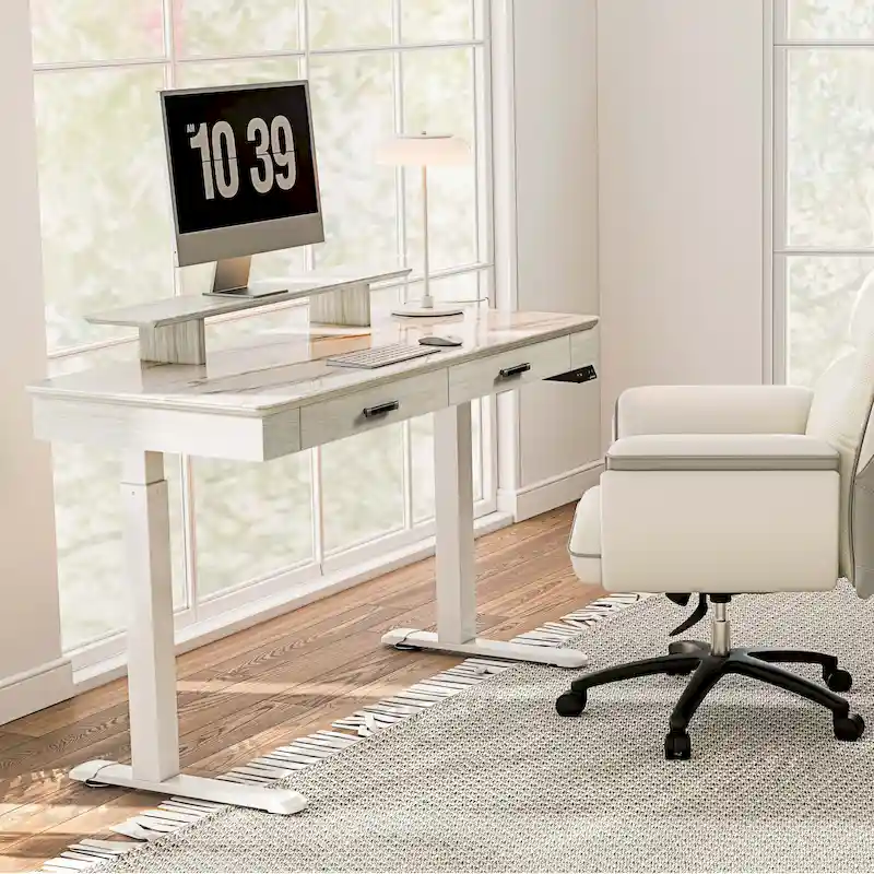 Eureka Ergonomic 55 Slate Stone Standing Desk Executive Writing Desk with 2 Drawers & Monitor Stand