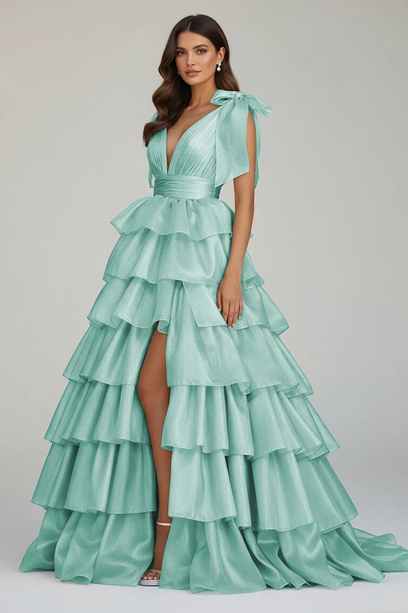 Glitter Tie Straps Pink Plunging Neck Tiered Long Prom Dress