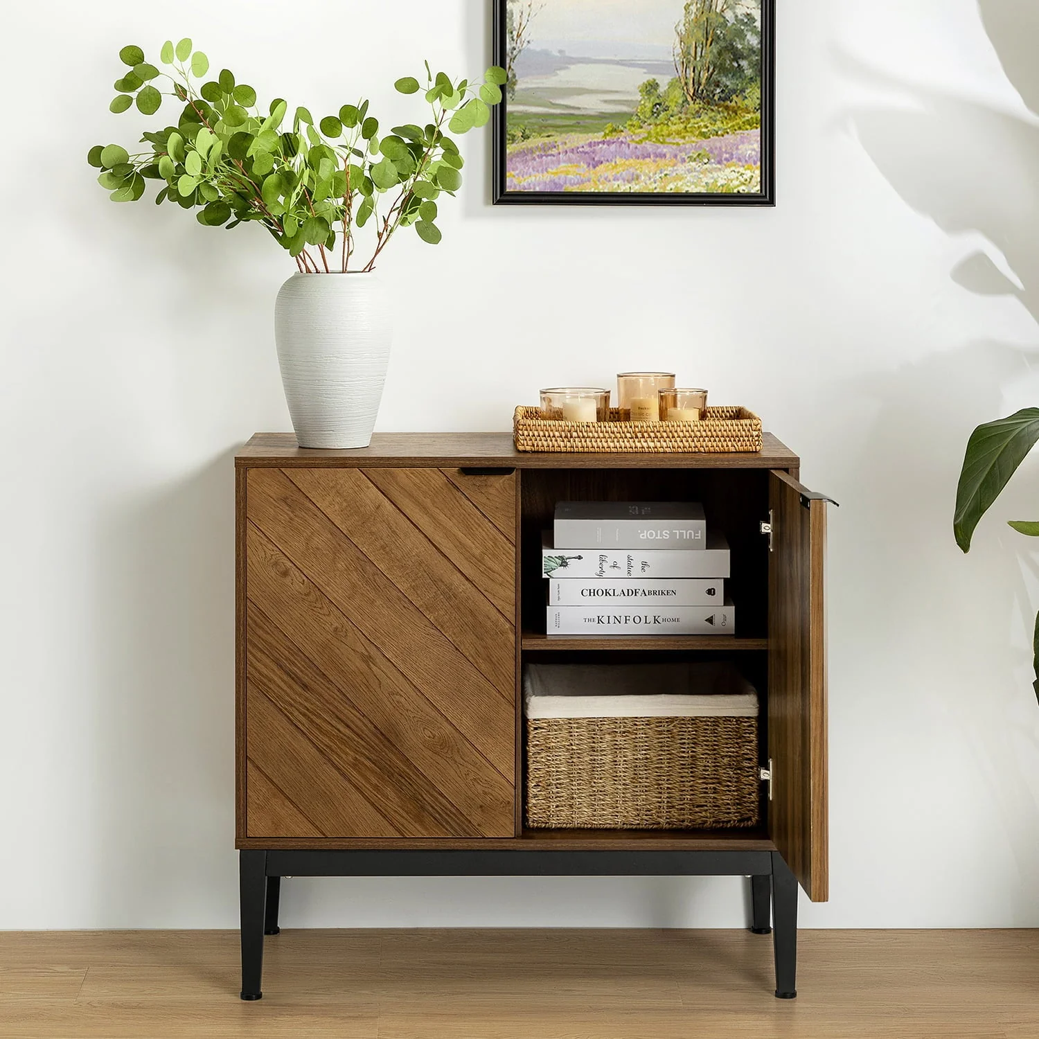 32 in Herringbone 2-Door Accent Cabinet with Adjustable Shelves & Black Metal Legs | Walnut | Single