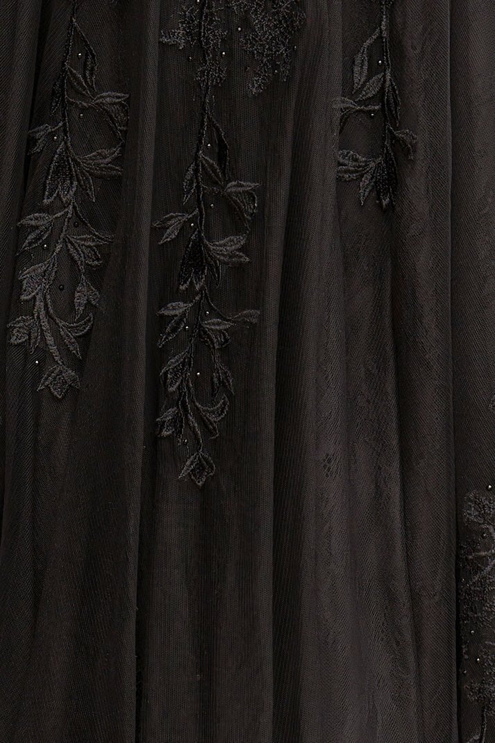 A-line V Neck Lace Tulle Prom Dress With Slit