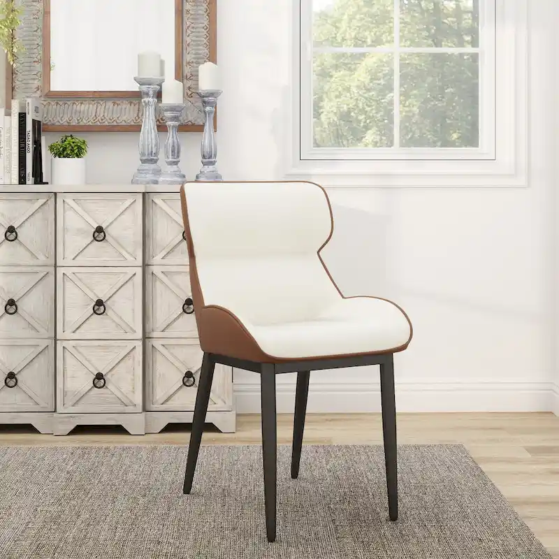 Set of 2 PU Upholstered Dining Chairs Modern Solid Back Chairs with Black Metal Legs