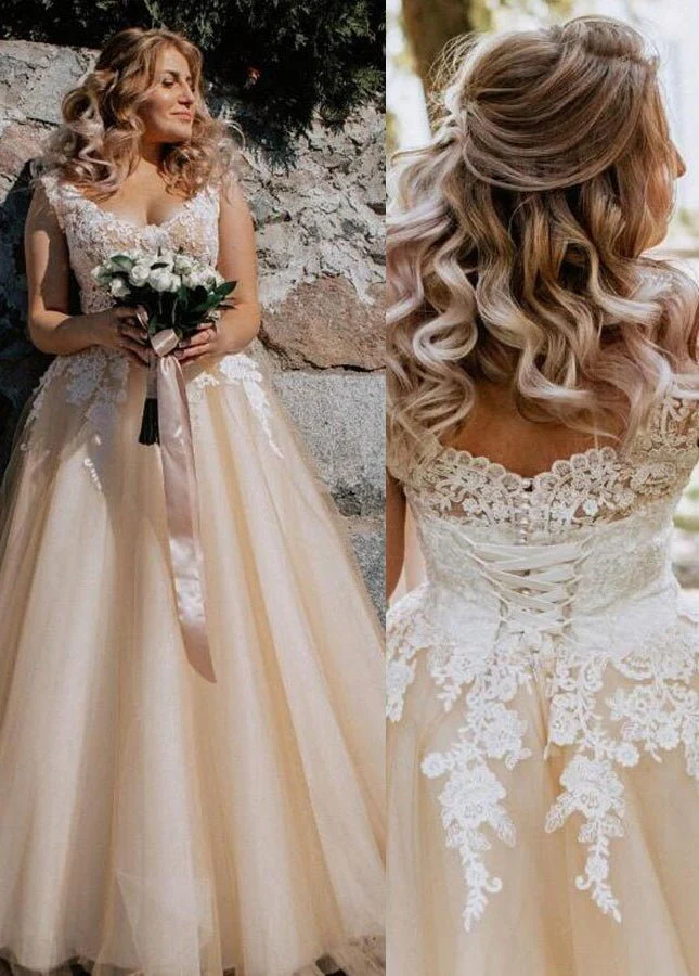 Champagne Corset Lace Appliques Tulle Wedding Dresses Floor Length Without Train