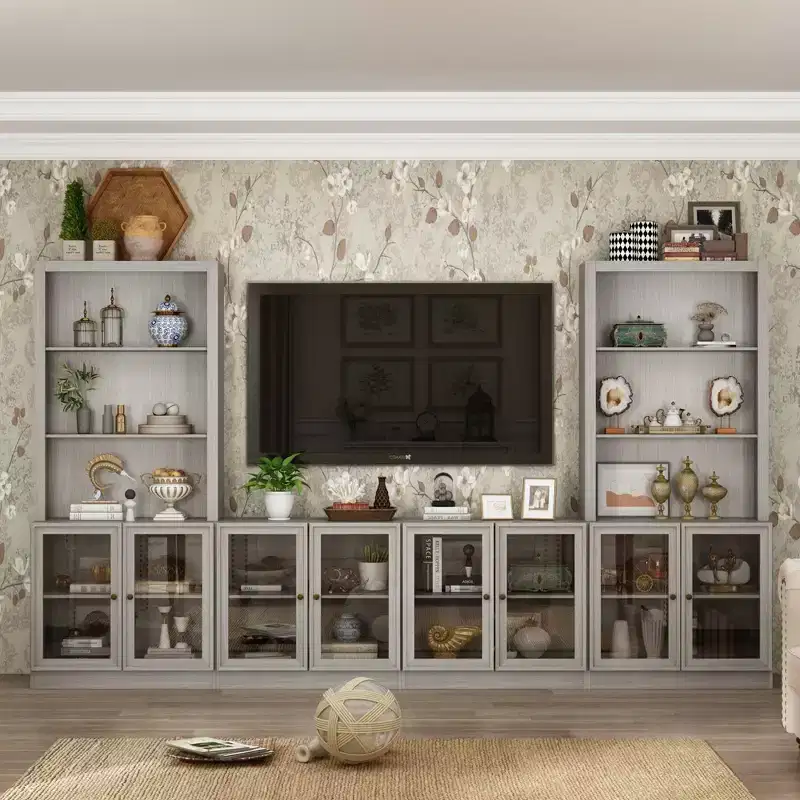 Famapy Gray Modular TV Console Large Entertainment Center Tempered Glass Display Cabinet