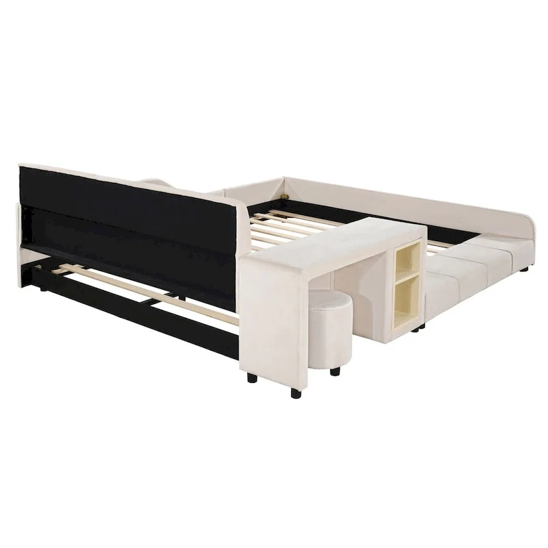 Upholstered Grounded Bed Mother & Child Bed with Bedside Desk and Little Round Stool