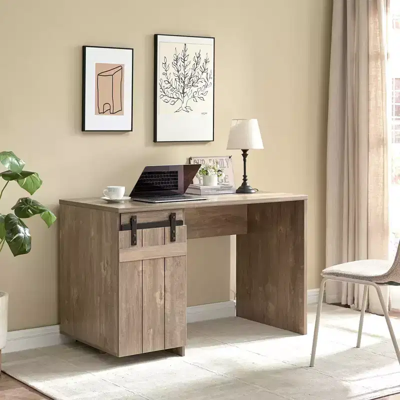 Okak 47.25IN Farmhouse Home Office Desks, Computer Desk with 1 Faux Barn Door and 3-Tier Shelves, Standing Desk for Home, Office