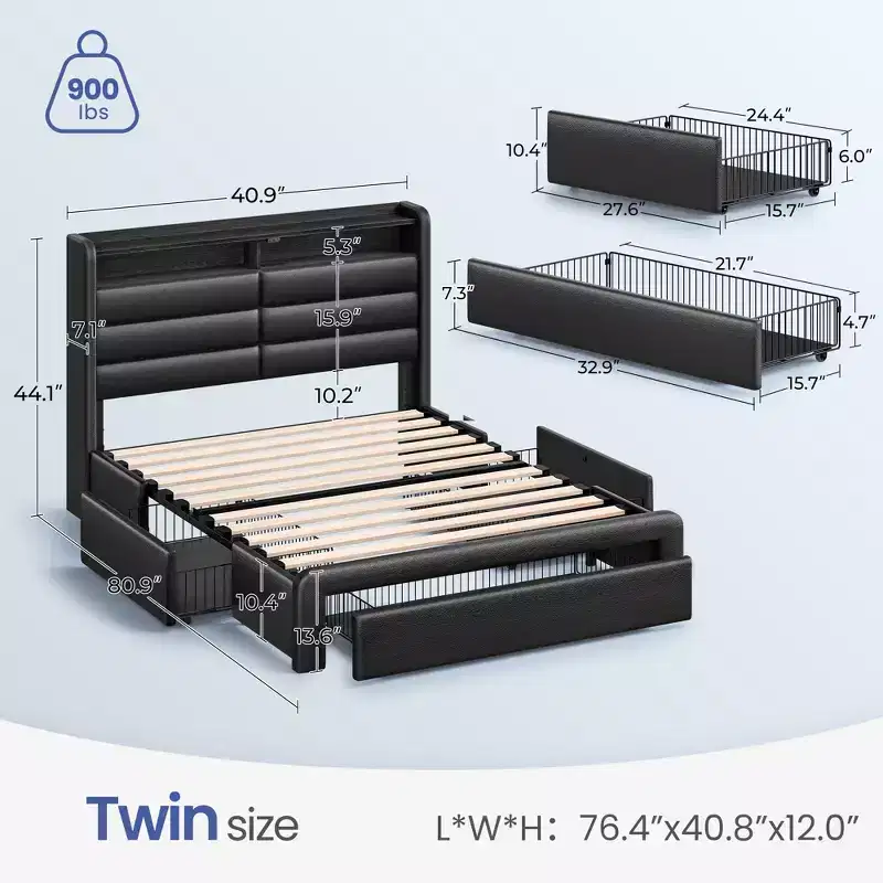 Greenstell Bed Frame with Storage Drawers ,Upholstered Storage Headboard & Charging Station and LED Light & Storage Drawers