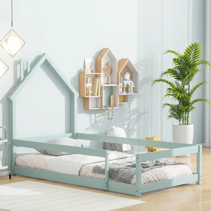 House-Shaped Headboard Twin Floor Bed with Guardrails, Light Green/Blue/Natural, 1-Person