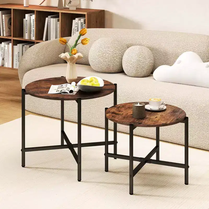 Costway Indoor and Outdoor Round Coffee Table Set of 2 21.5 & 25.5 Nesting Coffee Tables Circle End Table Brown/White