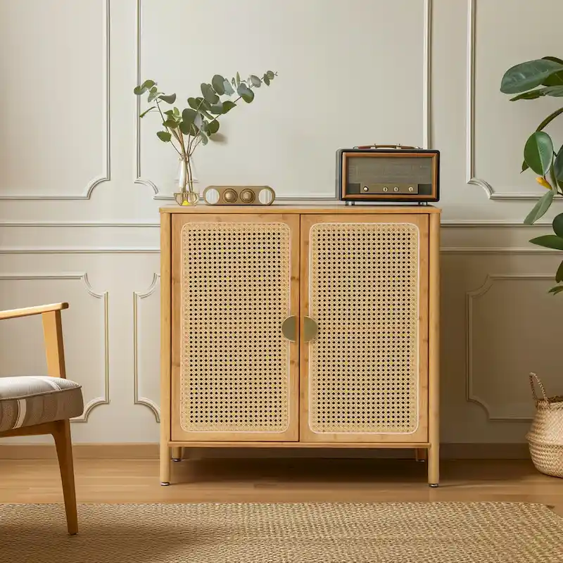 Sideboard Buffet Kitchen Storage Cabinet with Rattan Decorative Doors