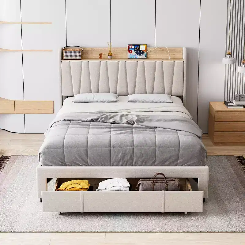 Whizmax Bed Frame with 2 Storage Drawers, Upholstered Platform Bed Frame with Storage Headboard, Mattress Foundation with Solid Wooden Slats Support