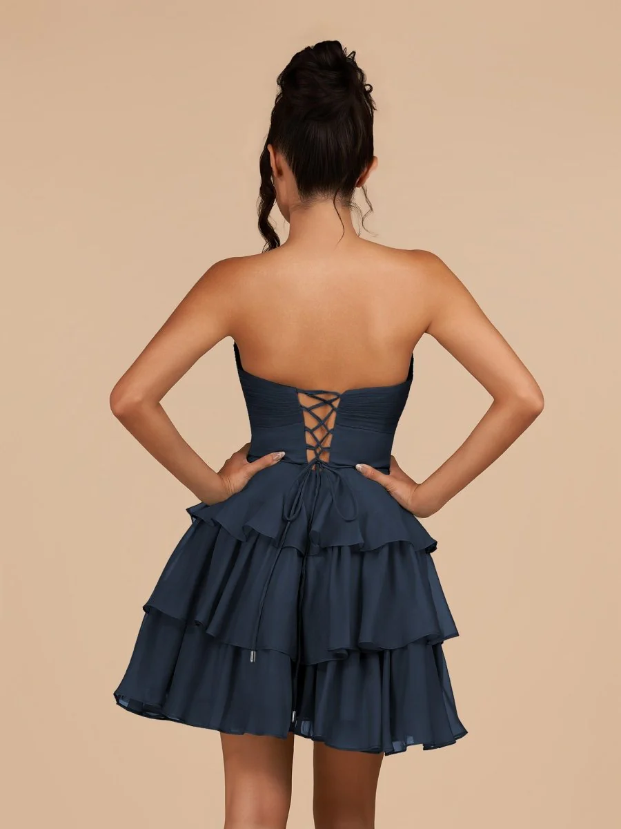 Navy Blue - Strapless A Line Chiffon Ruffles Homecoming Dresses With Flower