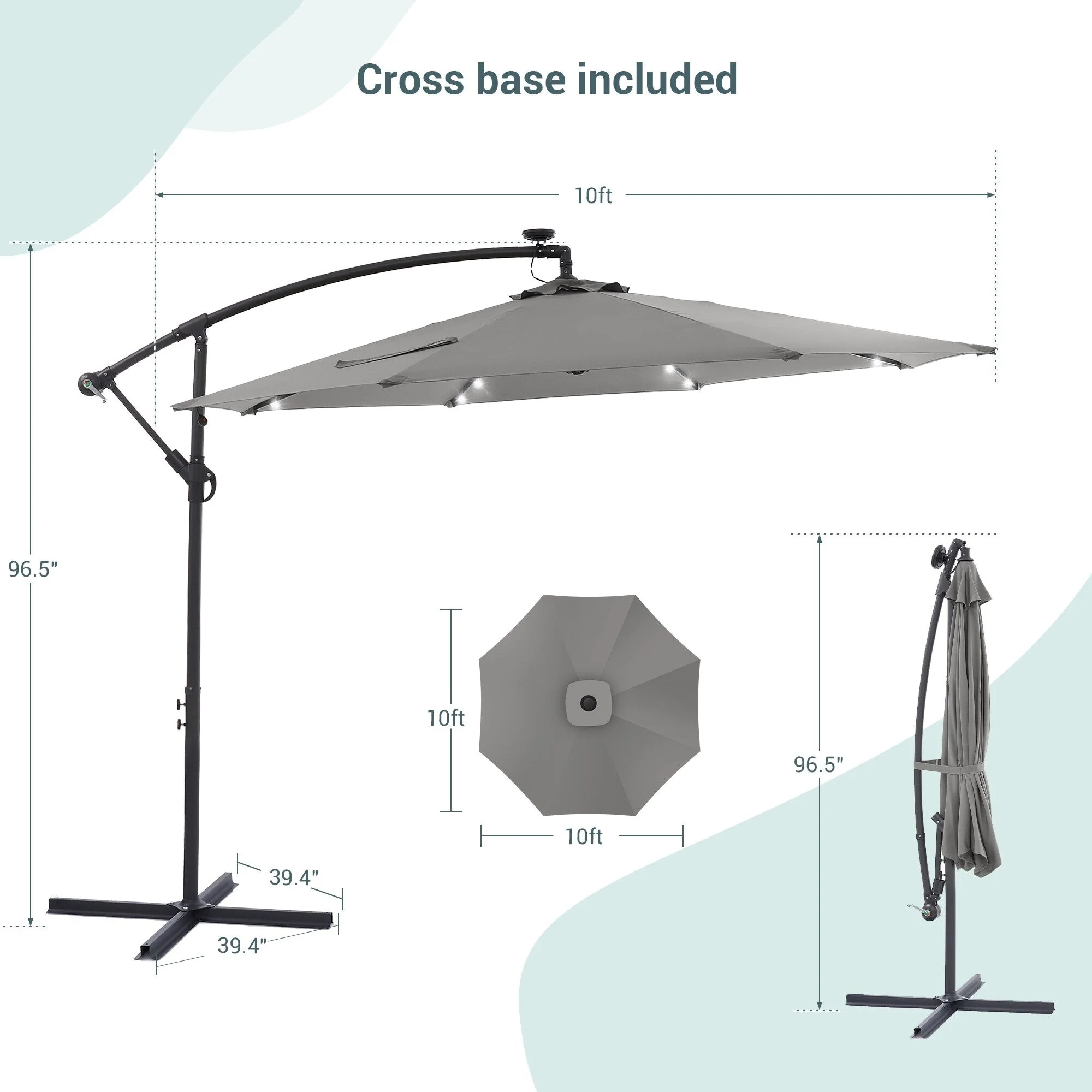 LIVOOSUN 10ft LED Patio Offset Umbrella With Cross Base