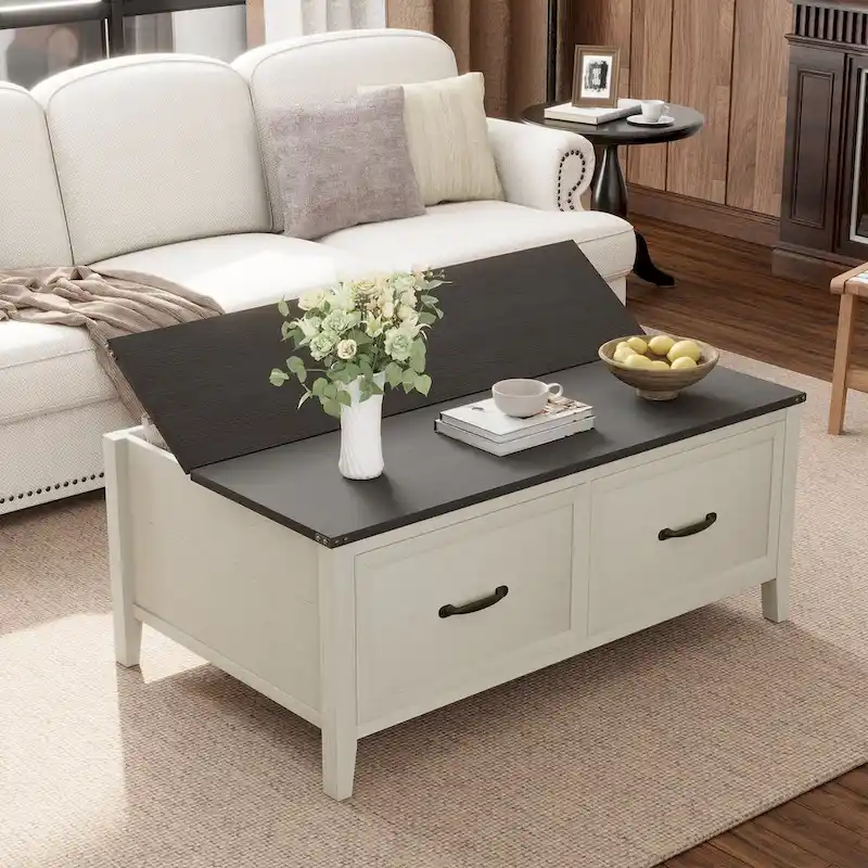 Brown / Black Woodgrain Coffee Table with Flip-Top Hidden Storage & 2 Drawers - Single Use
