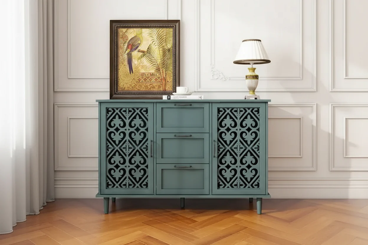 Dark Green / Blue 2-Door 3-Drawer Storage Cabinet with Carved Panel & Metal Handles – 1-Piece