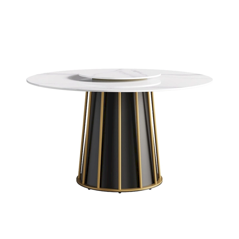 53 White Sintered Stone Round Dining Table with Lazy Susan - N/A