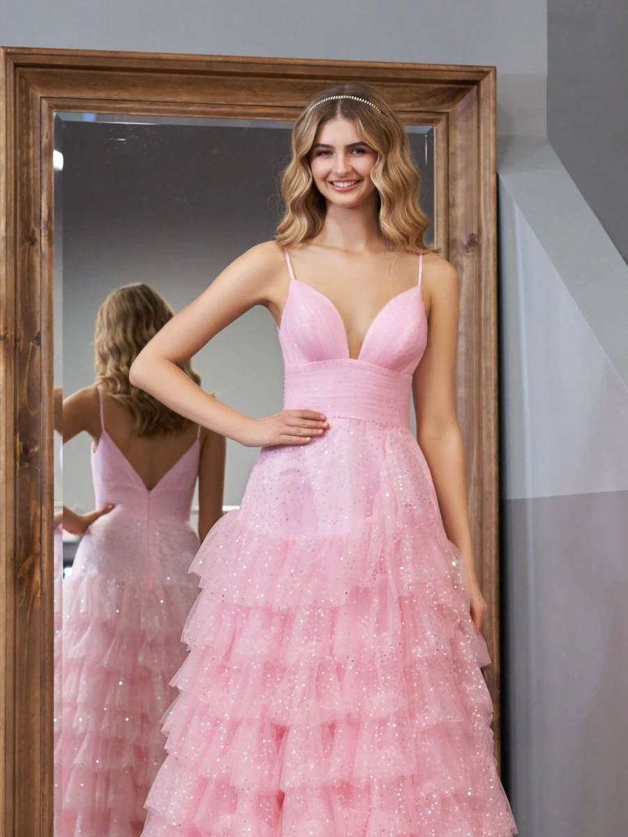 Light Pink A-Line Tiered Spaghetti Straps Tulle Prom Dress