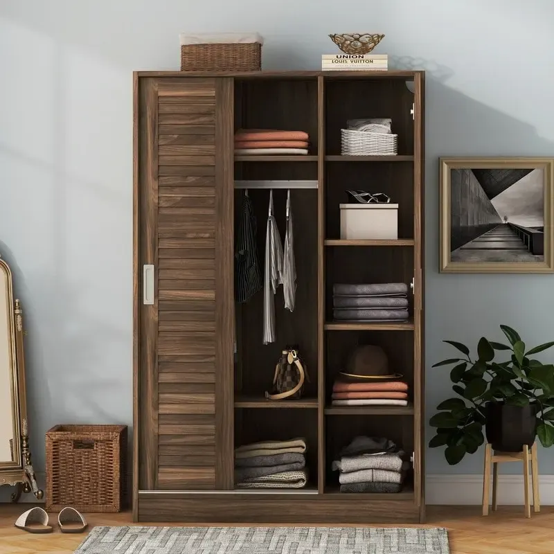 Walnut / White 3-Door Shutter Wardrobe with Shelves & Hanging Rail – Single