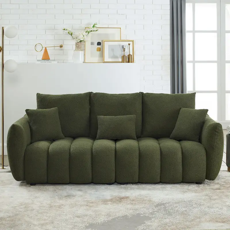 Green Teddy 3-seater Sofa with Back Pillows and Wood Frame