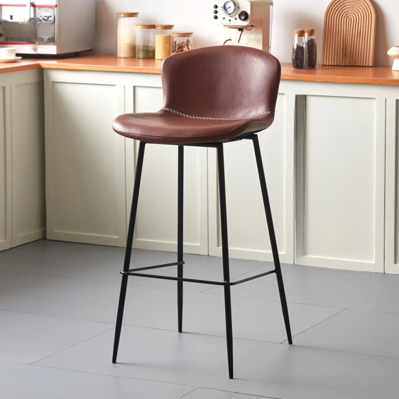 Modern Metal Frame Leather Cushion Low Back Bar Stool