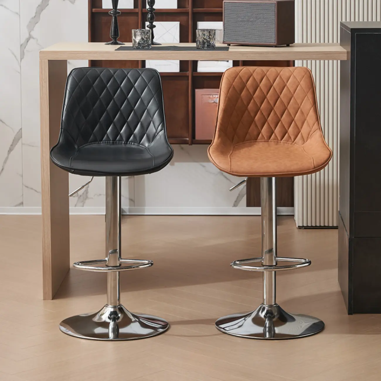 Chic Leather Tufted Swivel Adjustable Bar Stool