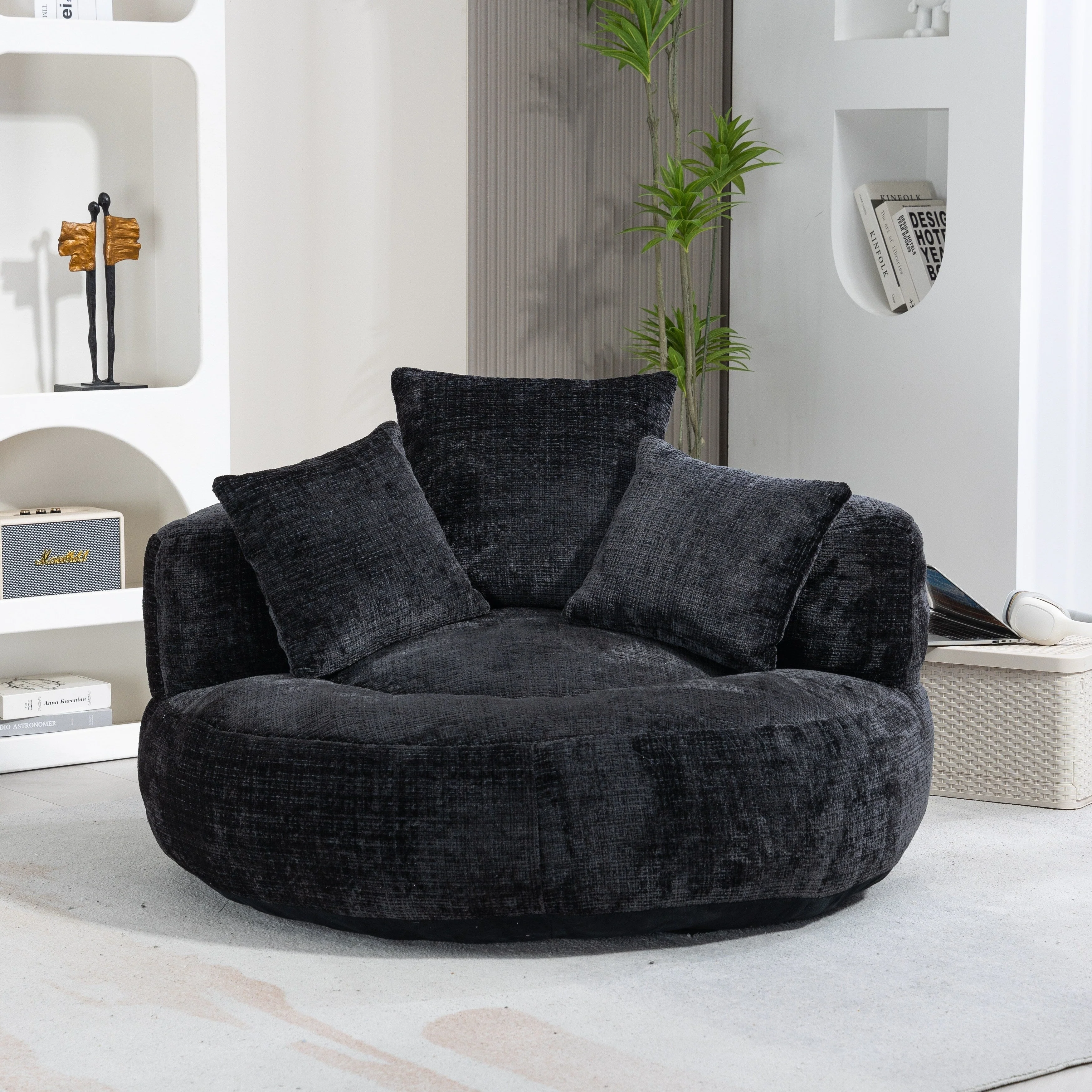 Black Oversized 42.52 Chenille Lazy Bean Bag Single Sofa with Three Pillows for Bedroom
