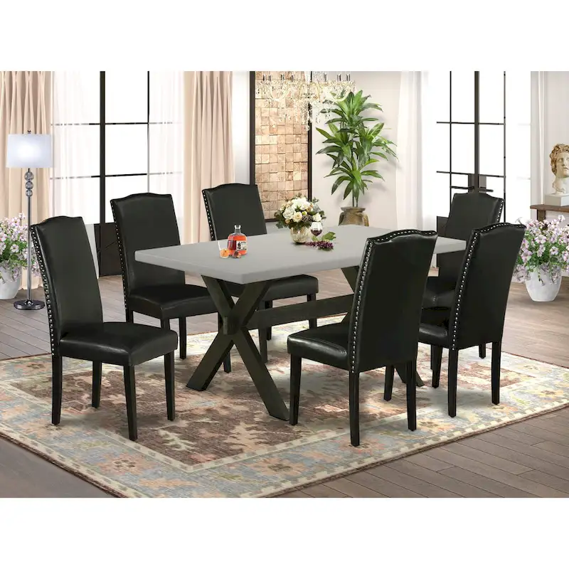 East West Furniture Dining Set-a Dining Table & Black Parson Chairs, Wire brushed Black.(Upholstered & Pieces Options)