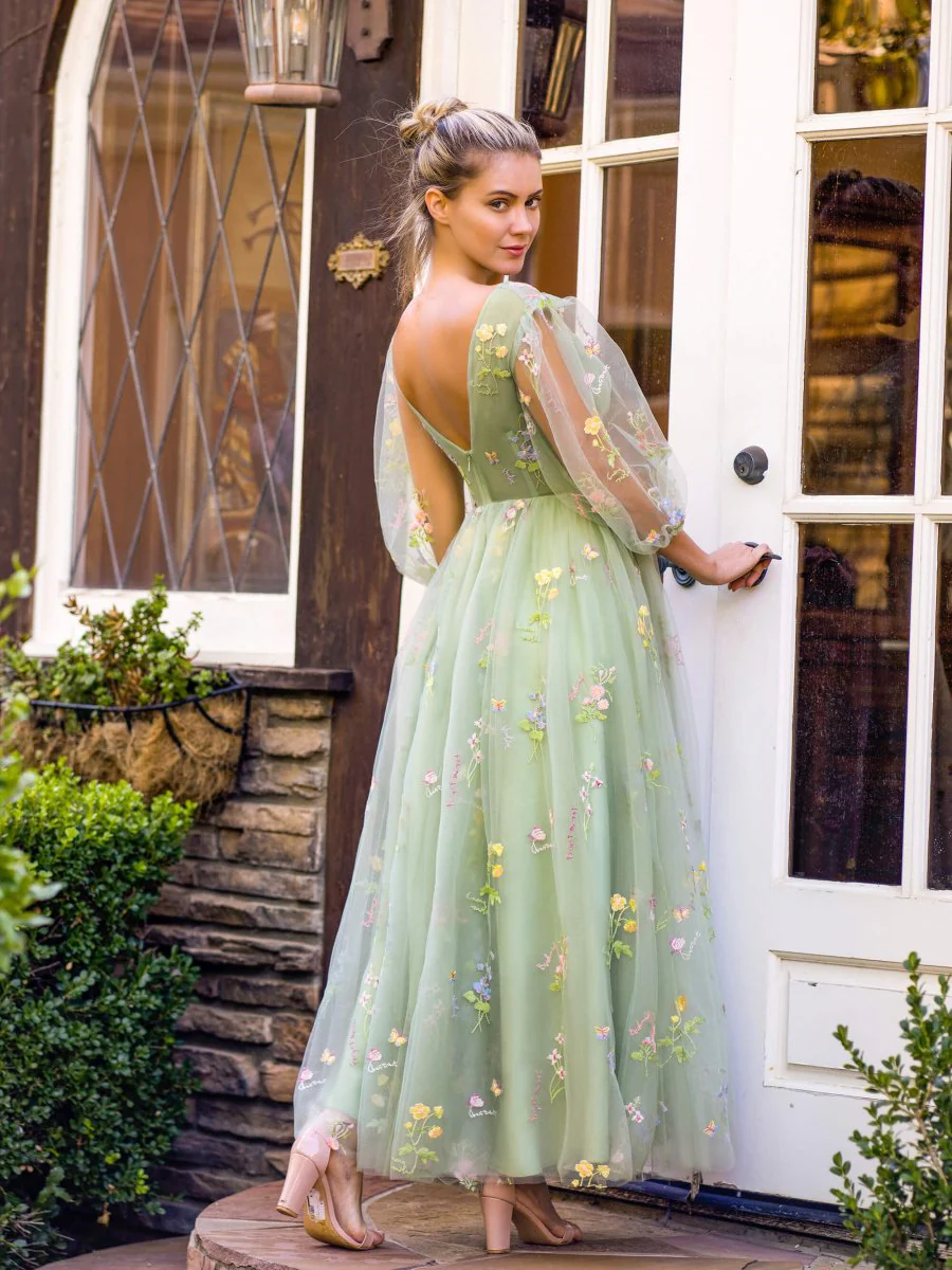 V-neck Embroidery Ankle Length Tulle Corset Floral Prom Dress