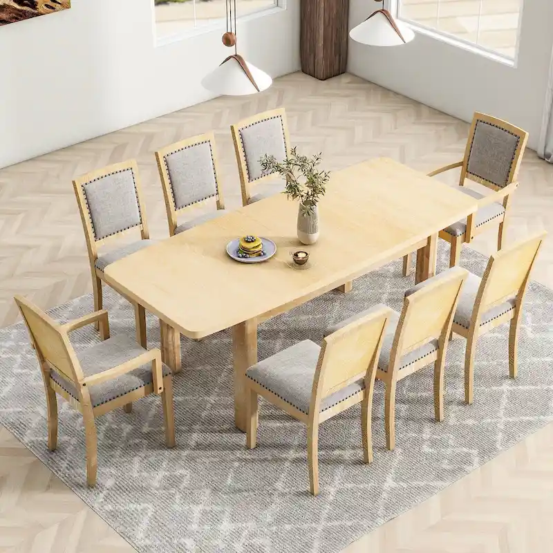 Brown Extendable Dining Table with 8 Upholstered Chairs