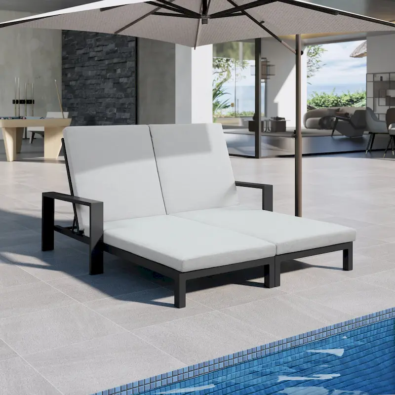 Benton Modern Aluminum Lounge Outdoor Double Chaise with Cushion - N/A