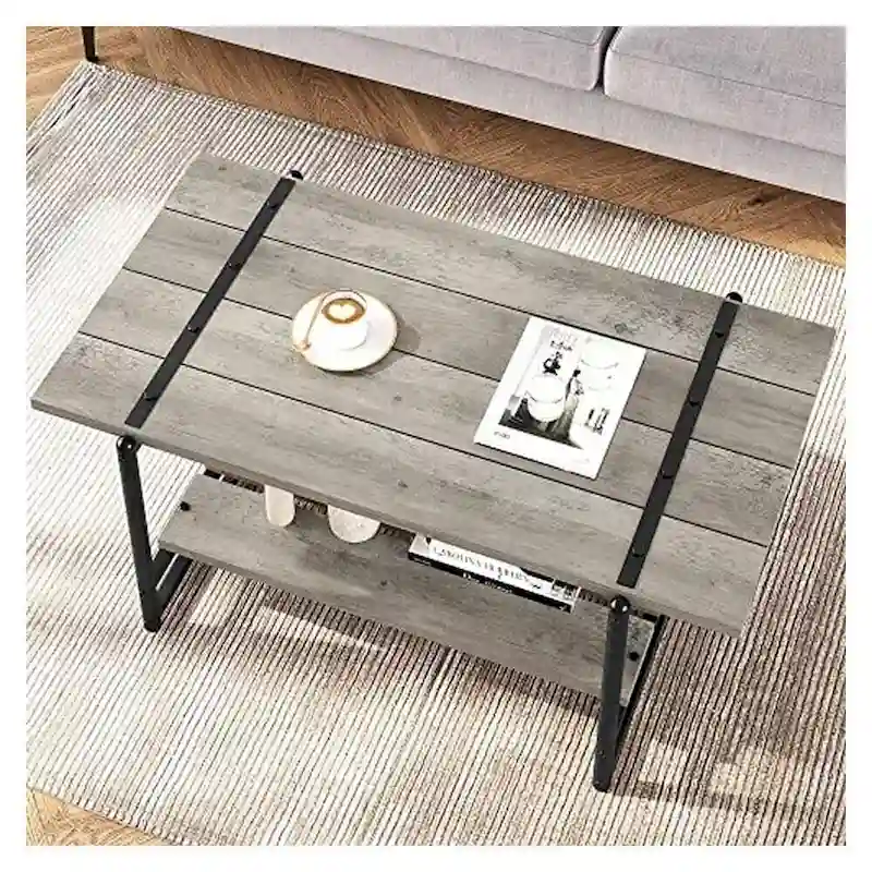 2-Tier Farmhouse 41 Large Wood Coffee Table with Shelf