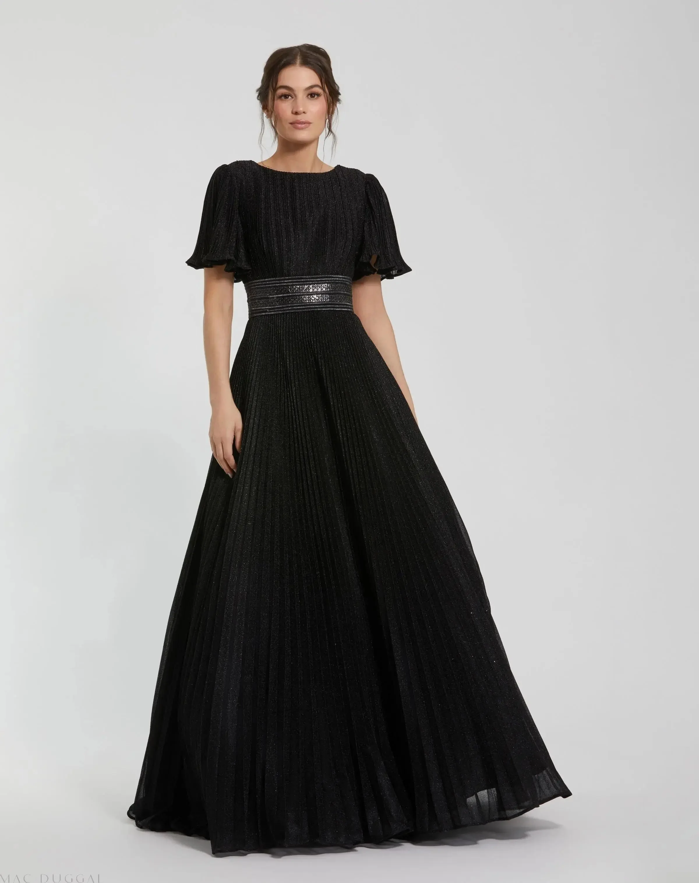 Black Pleated Shimmering Flutter Sleeve Gown