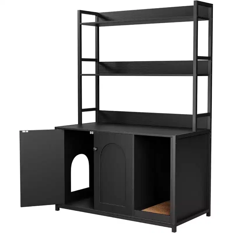 Hidden Cat Litter Box Furniture with 2 Doors & Shelves, 52 Inch Cat Washroom Cabinet with Scratch Pad, Wooden Pet House for Living Room