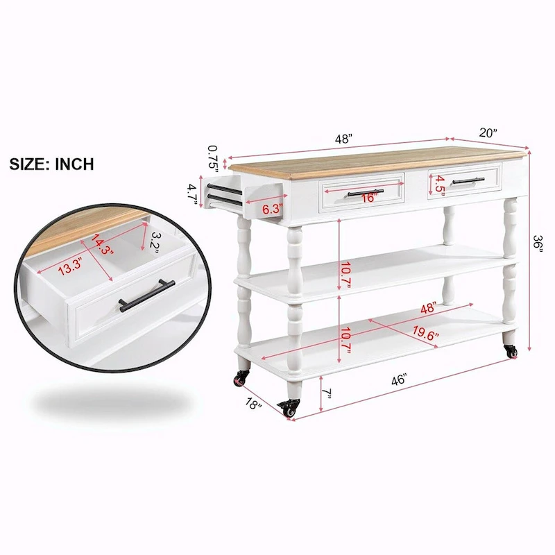 Rolling Kitchen Island Cart with Solid Oak Wood Top, Wine and Spice Rack