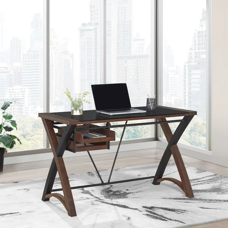 48-Inch Glass-Top Desk with Sliding Storage Trays