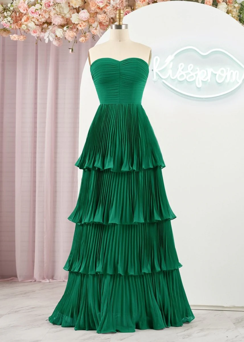 Strapless Emerald Green Ruffle Multi-Layer Long Prom Dress