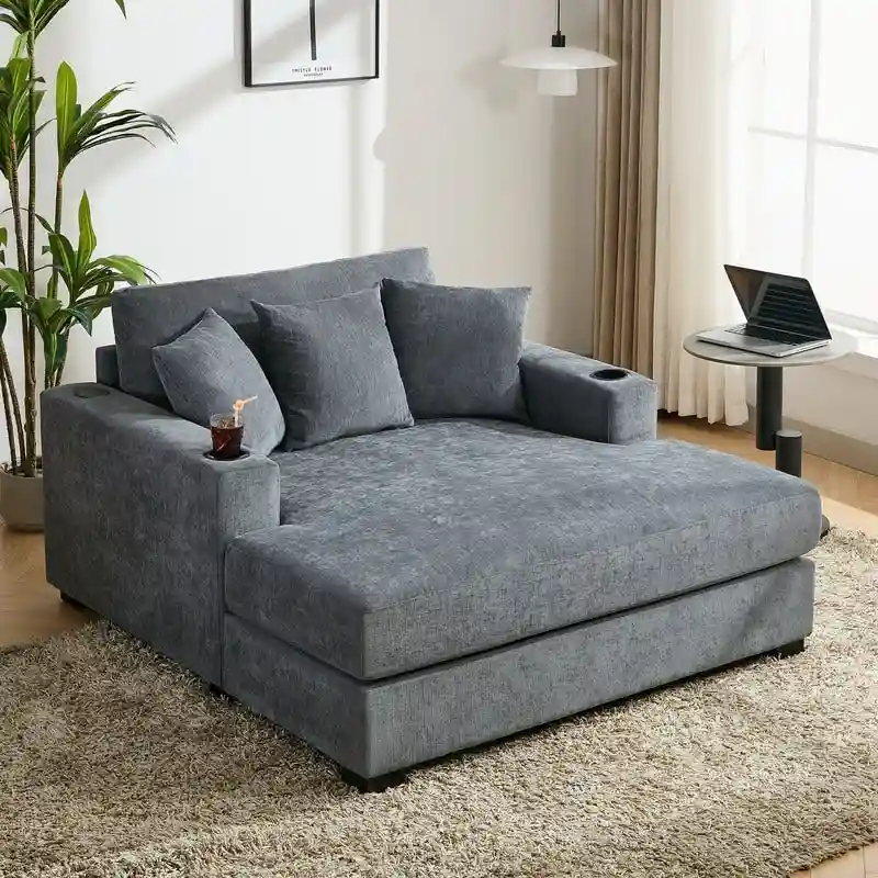 Chenille Fabric Oversized Chaise Lounger, 39.7 /43.5 /55  Chair Bed Sofa Couch with Pillows, Charge Station & Cup Holders