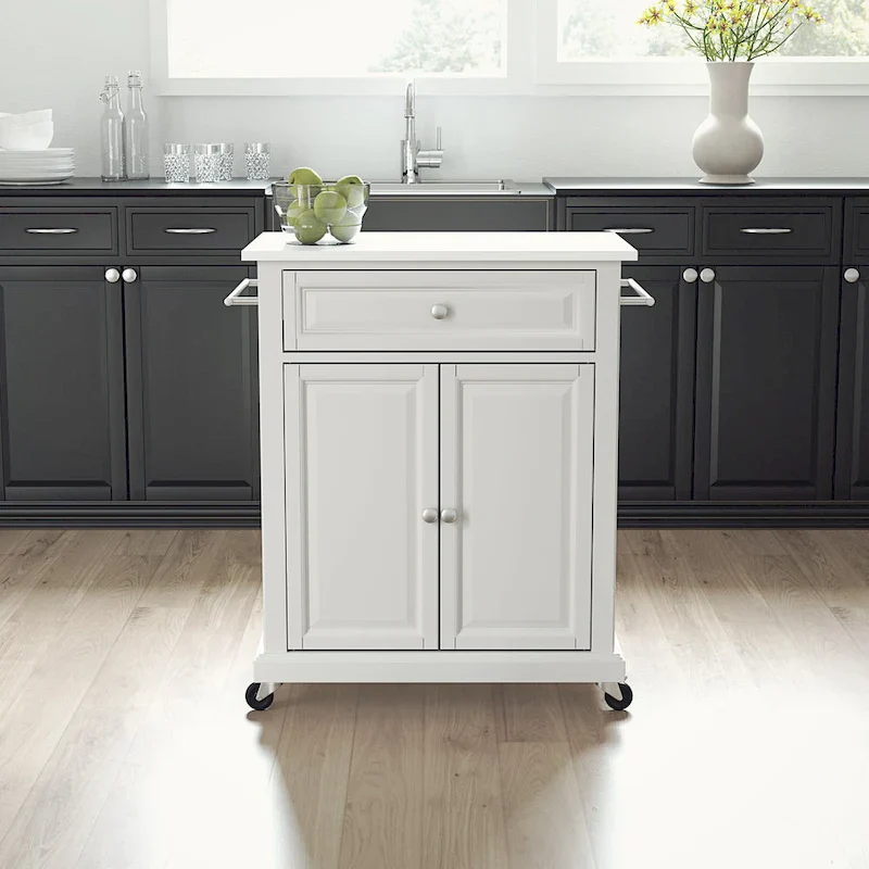 White Granite/Marble Top Kitchen Cart – 1-Person, Rolling, with Storage